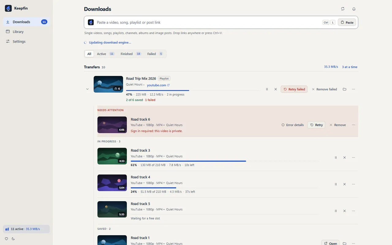 Keepfin desktop Downloads view showing playlist items, progress, and retry controls